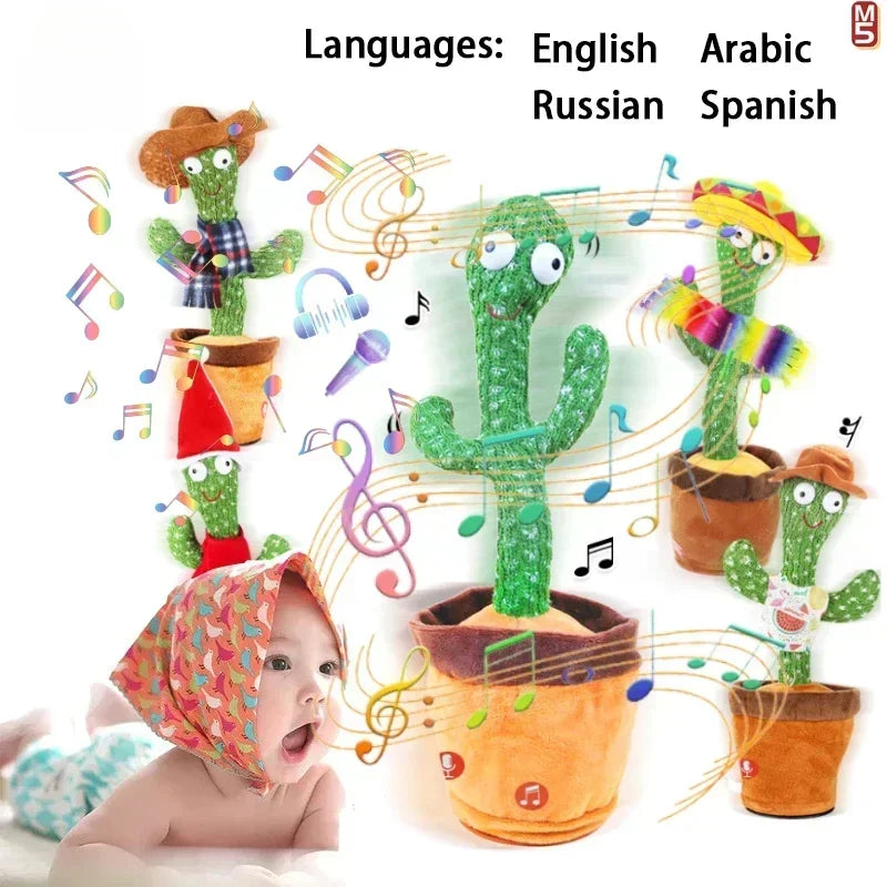 A talking cactus toy that can be charged, recorded, and repeated. Suitable for Spanish, English, and Arabic voice changer