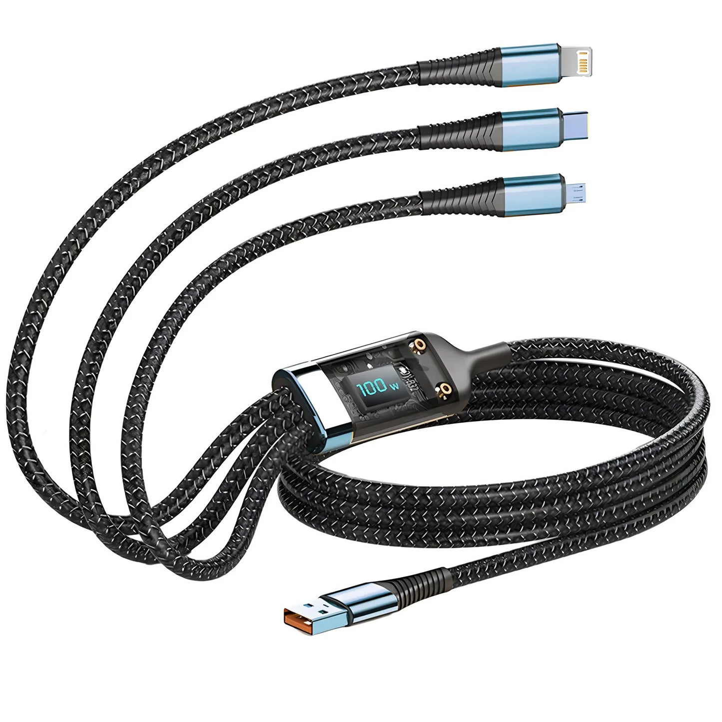 100W USB Charging Cable 3 In 1 Universal USB-C, Lightning, Micro USB